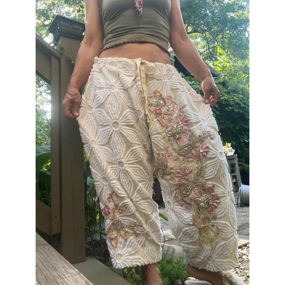Custom made pants Reworked Boho terry cloth joggers unique bloomers jeweled art